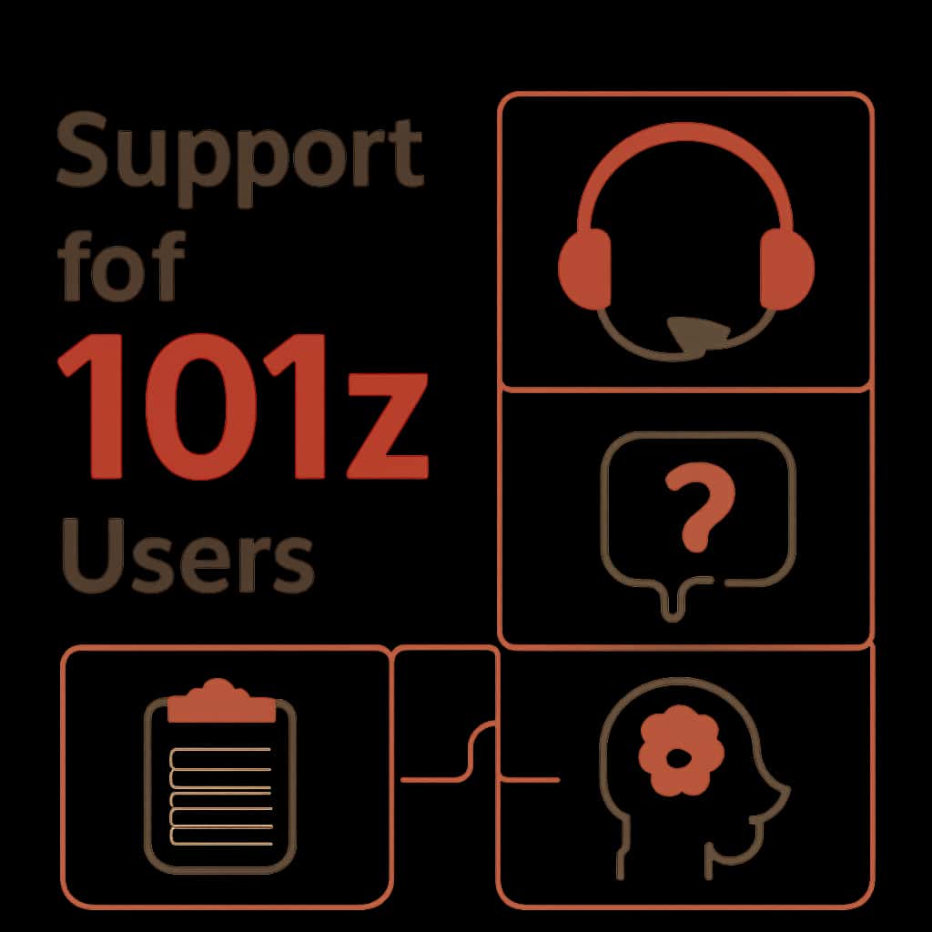 An educational diagram discussing support topics related to 101z users.